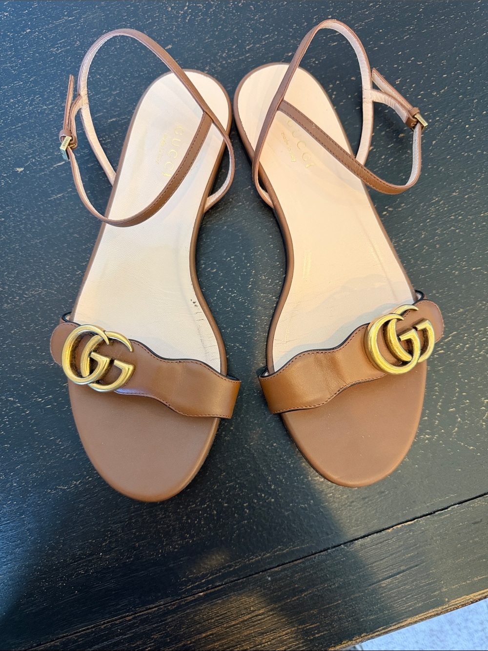 Gucci Brown Leather Slingback Sandals with Gold Double G